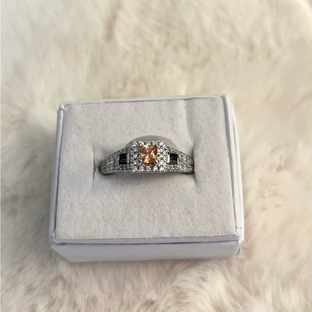 Bomb Party Morganite, White Topaz, Black Onyx Ring Size 9